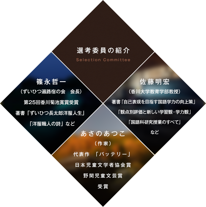 選考委員の紹介 Selection Committee 佐藤明宏 （香川大学教育学部教授） あさのあつこ （作家） 篠永哲一 （ずいひつ遍路宿の会　会長）
